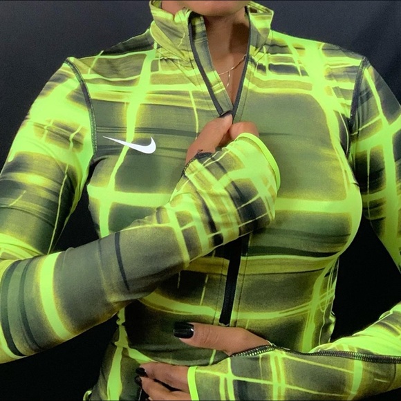 Nike Pro Multi Green Neon Quarter Zip Lightweight Womens Size Large Thumbholes - Picture 2 of 7